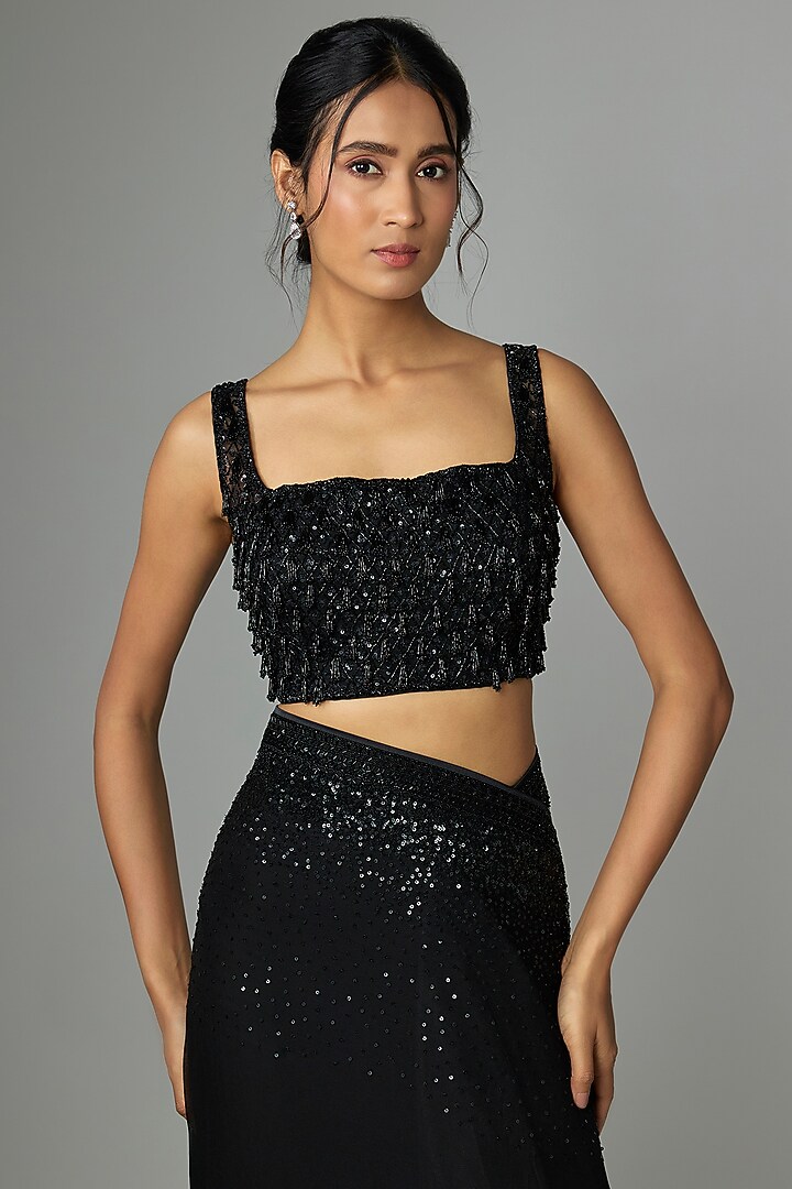 Black Organza & Chiffon Embroidered Ruffled Bridal Saree Set by Anushree Reddy at Pernia's Pop Up Shop