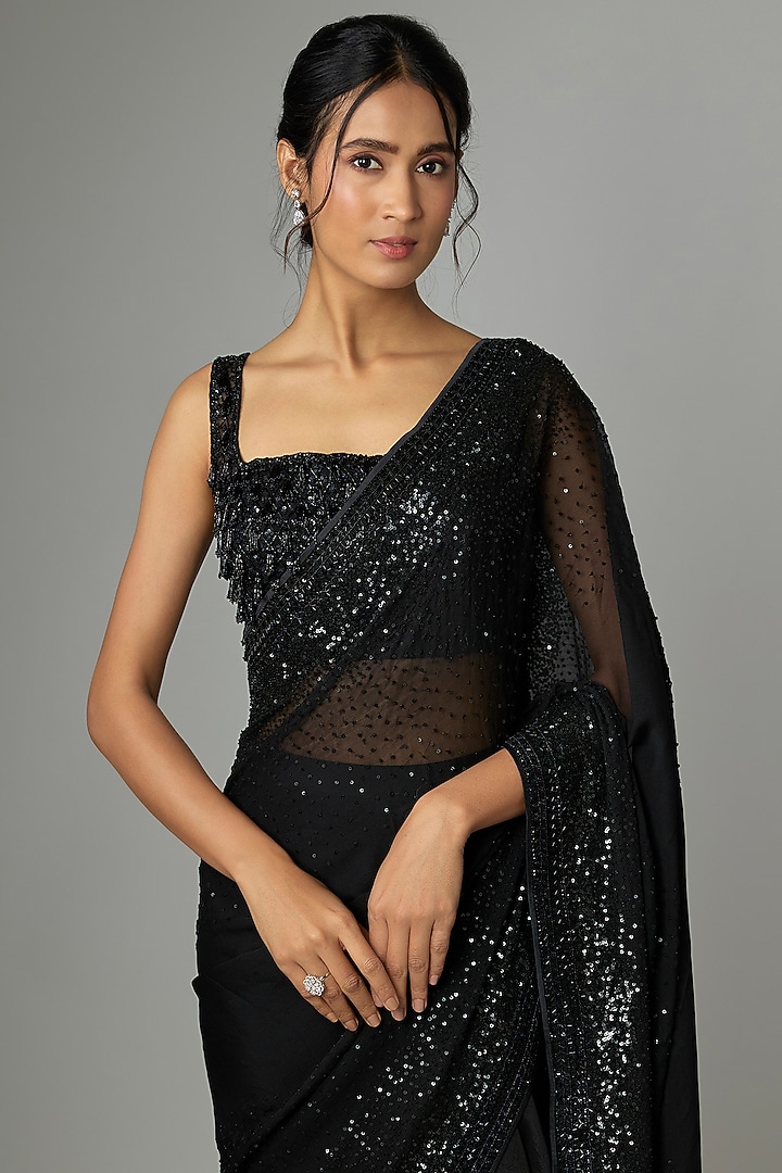 Black Organza & Chiffon Embroidered Ruffled Bridal Saree Set by Anushree Reddy at Pernia's Pop Up Shop