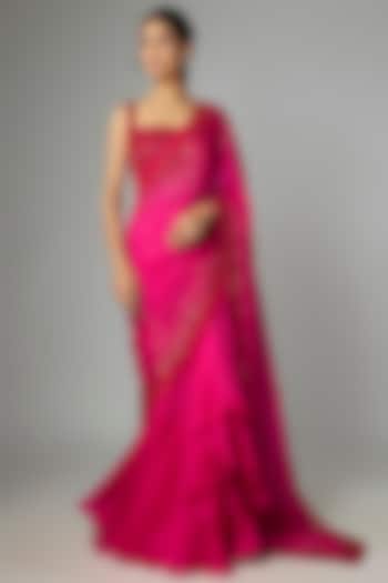 Red & Pink Organza Embroidered Ruffled Bridal Saree Set by Anushree Reddy at Pernia's Pop Up Shop