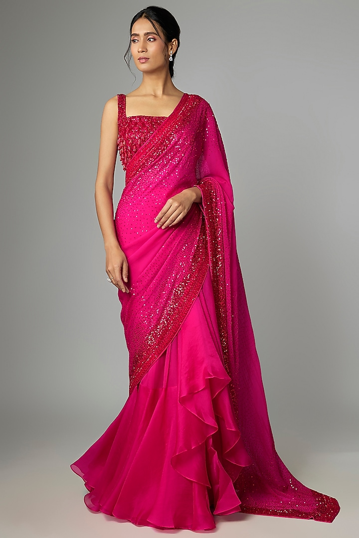 Red & Pink Organza Embroidered Ruffled Bridal Saree Set by Anushree Reddy at Pernia's Pop Up Shop