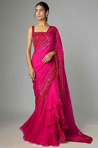 Red & Pink Organza Embroidered Ruffled Saree Set by Anushree Reddy