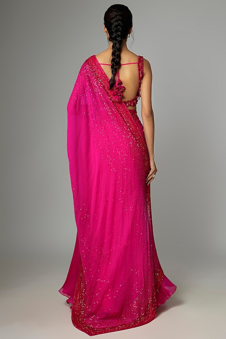 Red & Pink Organza Embroidered Ruffled Bridal Saree Set by Anushree Reddy at Pernia's Pop Up Shop