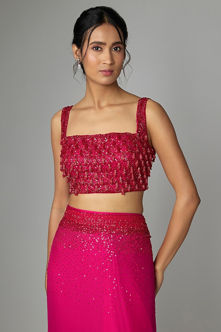 Red & Pink Organza Embroidered Ruffled Bridal Saree Set by Anushree Reddy at Pernia's Pop Up Shop