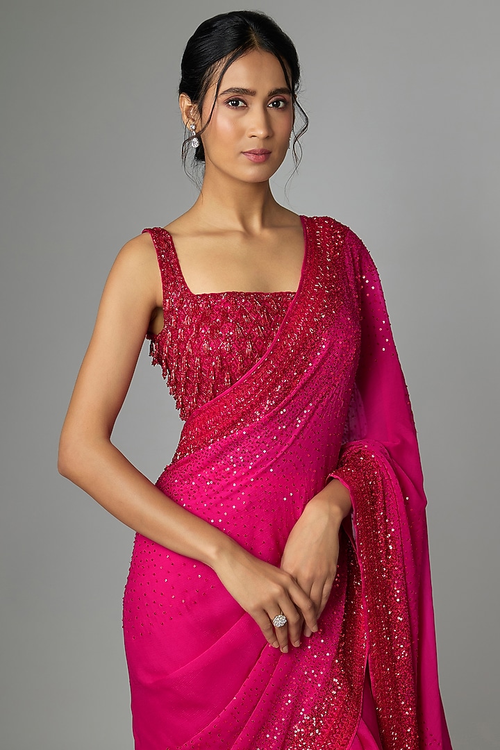 Red & Pink Organza Embroidered Ruffled Bridal Saree Set by Anushree Reddy at Pernia's Pop Up Shop