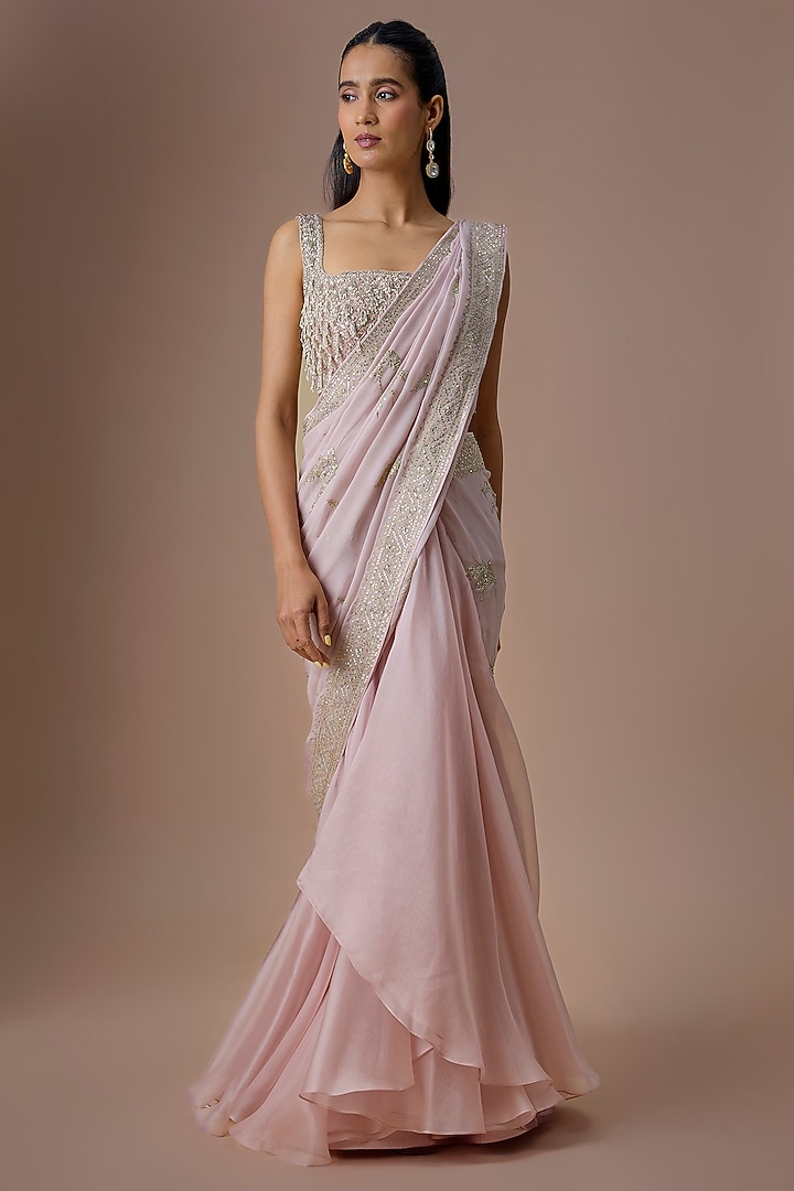 Soft Pink Chiffon & Organza Ruffled Bridal Saree Set by Anushree Reddy at Pernia's Pop Up Shop