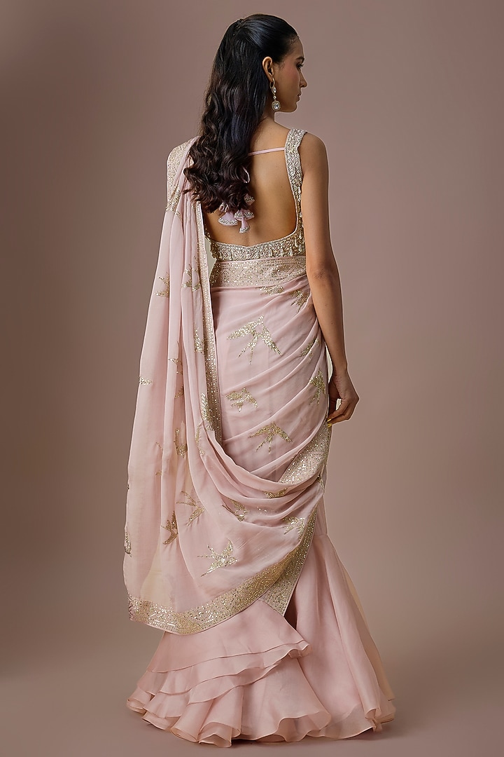Soft Pink Chiffon & Organza Ruffled Bridal Saree Set by Anushree Reddy at Pernia's Pop Up Shop