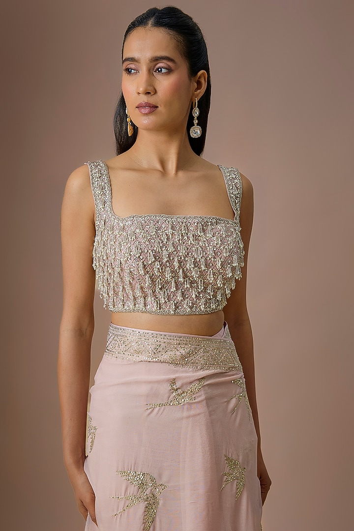 Soft Pink Chiffon & Organza Ruffled Bridal Saree Set by Anushree Reddy at Pernia's Pop Up Shop