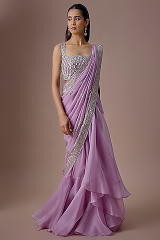 Lavender Chiffon & Organza Ruffled Saree Set by Anushree Reddy