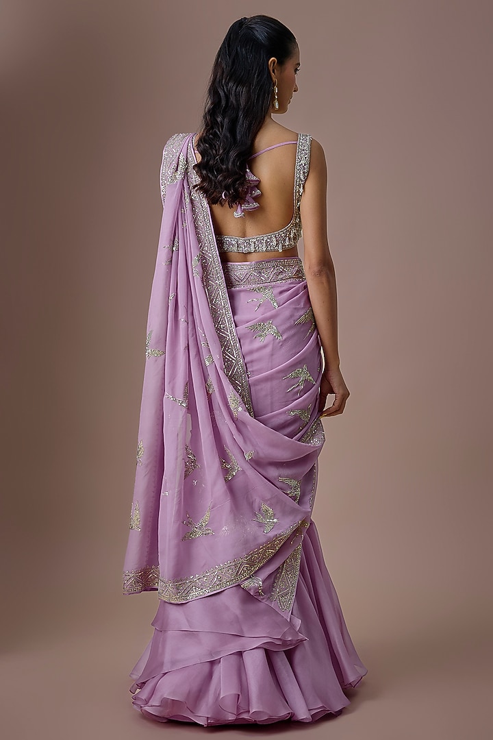 Lavender Chiffon & Organza Ruffled Bridal Saree Set by Anushree Reddy at Pernia's Pop Up Shop