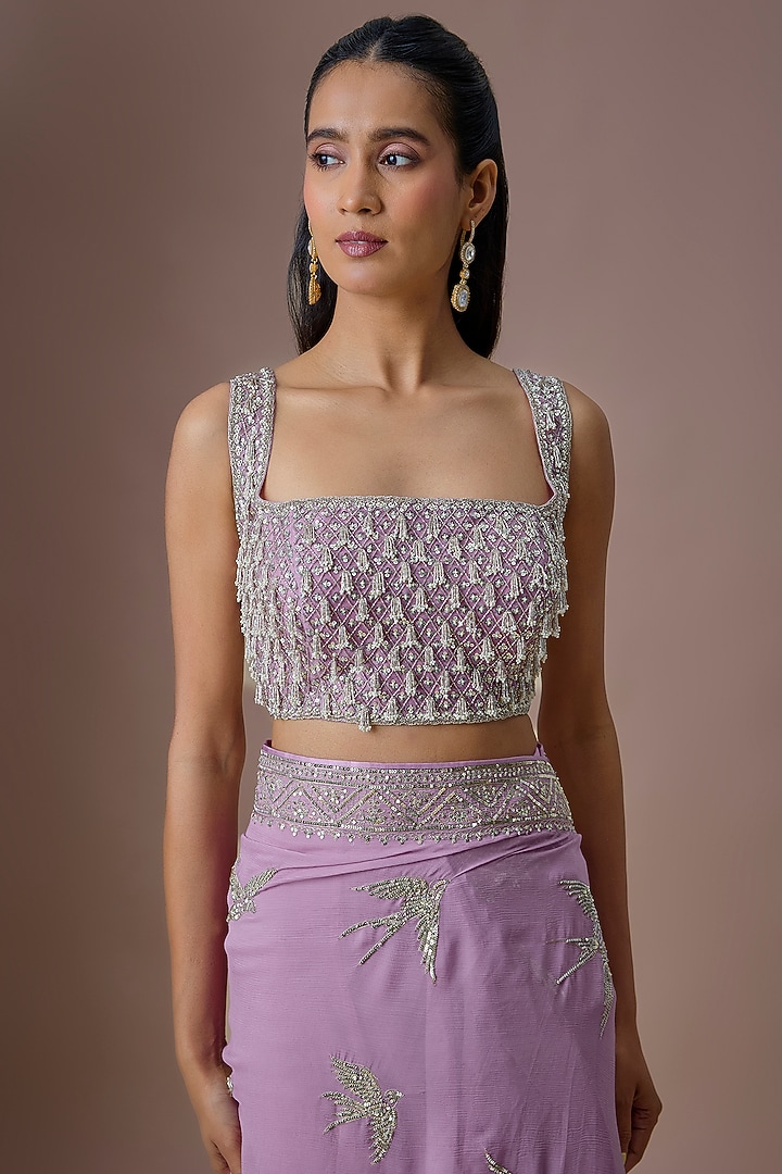 Lavender Chiffon & Organza Ruffled Bridal Saree Set by Anushree Reddy at Pernia's Pop Up Shop