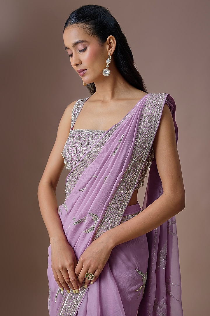 Lavender Chiffon & Organza Ruffled Bridal Saree Set by Anushree Reddy at Pernia's Pop Up Shop