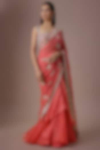 Coral Chiffon & Organza Ruffled Bridal Saree Set by Anushree Reddy at Pernia's Pop Up Shop