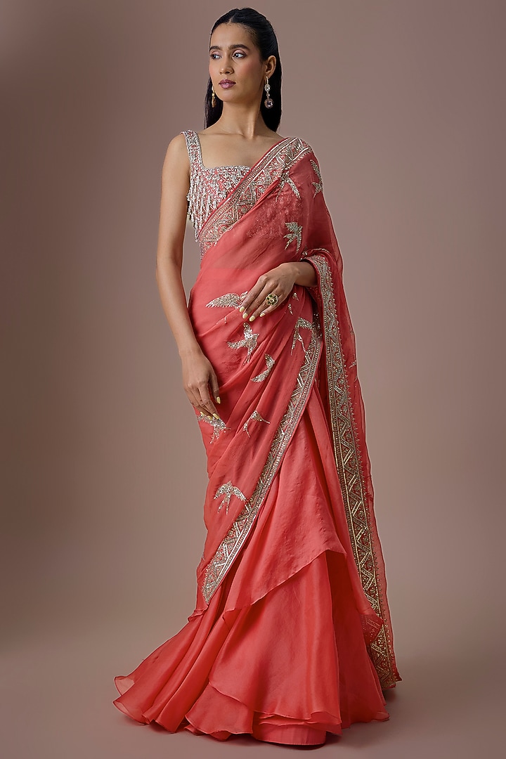 Coral Chiffon & Organza Ruffled Bridal Saree Set by Anushree Reddy at Pernia's Pop Up Shop