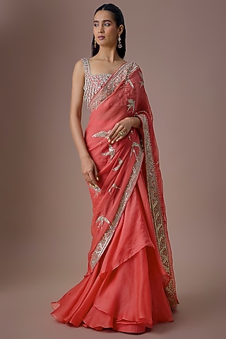 Coral Chiffon & Organza Ruffled Saree Set by Anushree Reddy