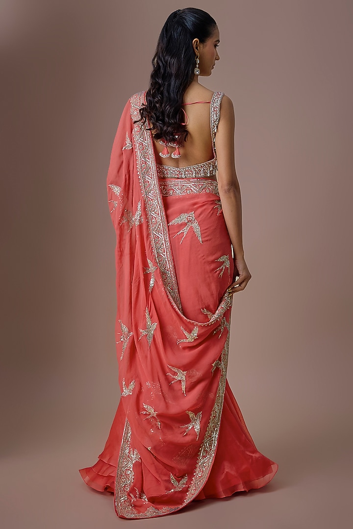 Coral Chiffon & Organza Ruffled Bridal Saree Set by Anushree Reddy at Pernia's Pop Up Shop