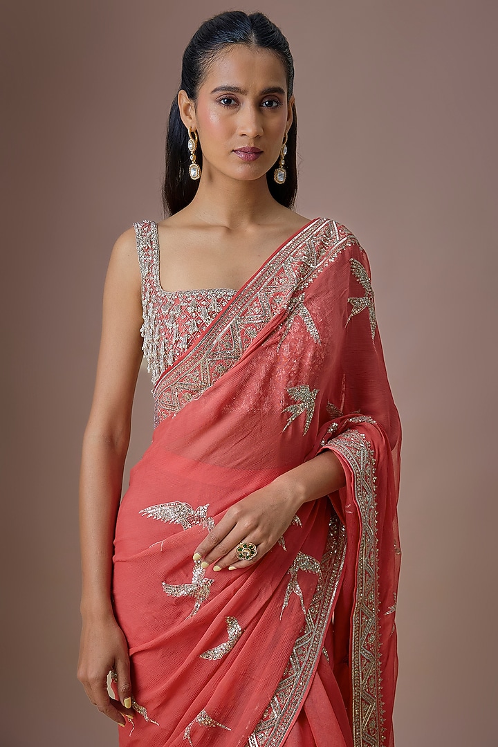 Coral Chiffon & Organza Ruffled Bridal Saree Set by Anushree Reddy at Pernia's Pop Up Shop