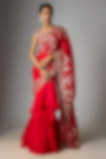 Red Organza Zari & Cutwork Embroidered Ruffled Reception Saree Set by Anushree Reddy at Pernia's Pop Up Shop