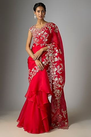 Red Organza Zari & Cutwork Embroidered Ruffled Saree Set by Anushree Reddy