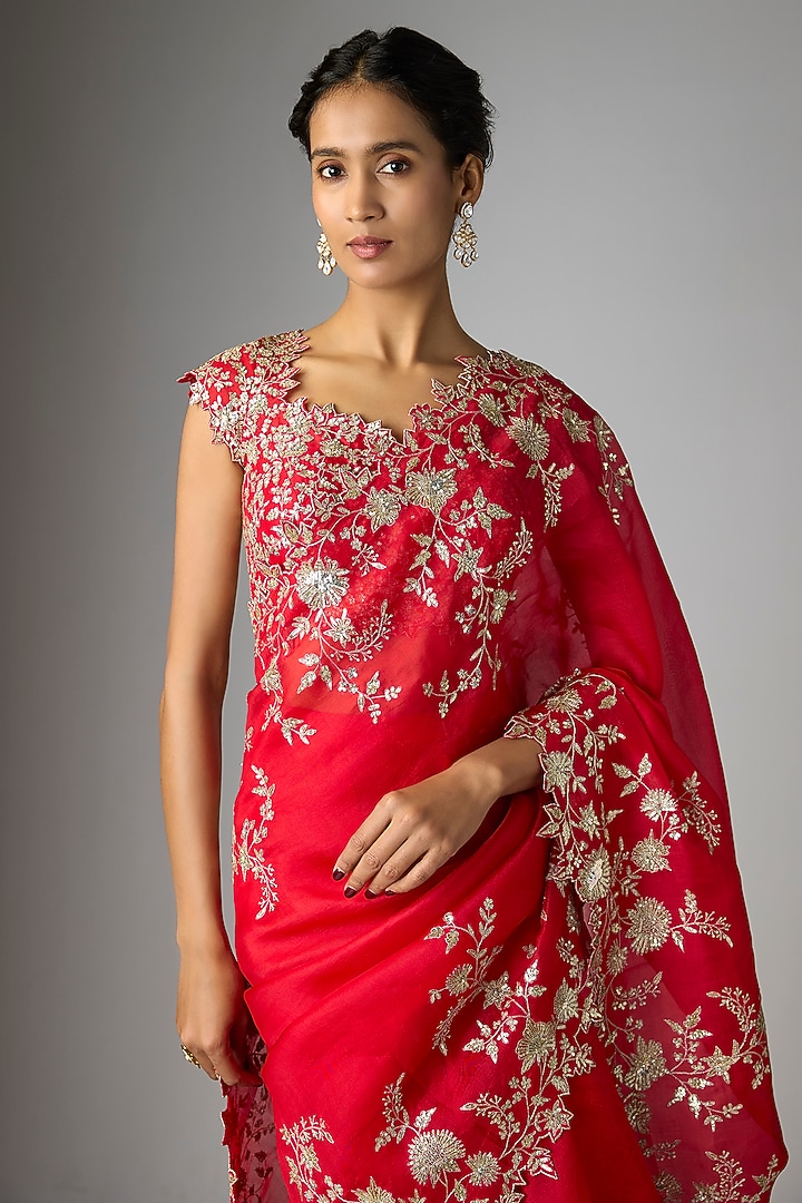 Red Organza Zari & Cutwork Embroidered Ruffled Reception Saree Set by Anushree Reddy at Pernia's Pop Up Shop