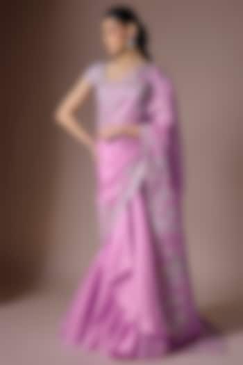 Lavender Pink Organza Embroidered Ruffled Draped Reception Saree Set by Anushree Reddy at Pernia's Pop Up Shop
