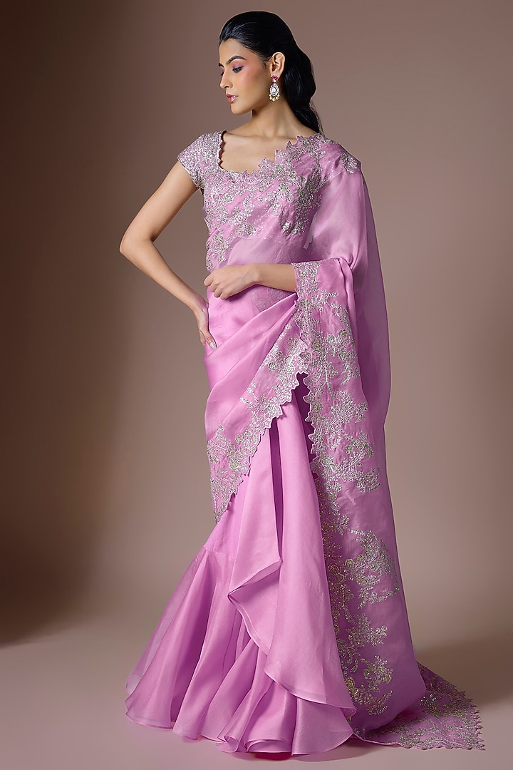 Lavender Pink Organza Embroidered Ruffled Draped Reception Saree Set by Anushree Reddy at Pernia's Pop Up Shop