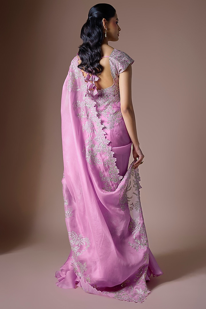 Lavender Pink Organza Embroidered Ruffled Draped Reception Saree Set by Anushree Reddy at Pernia's Pop Up Shop