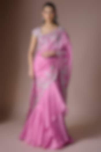 Lotus Pink Organza Embroidered Ruffled Draped Reception Saree Set by Anushree Reddy at Pernia's Pop Up Shop