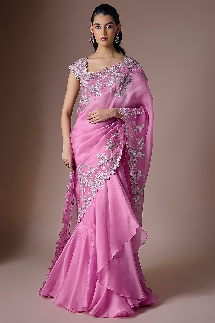 Lotus Pink Organza Embroidered Ruffled Draped Reception Saree Set by Anushree Reddy at Pernia's Pop Up Shop
