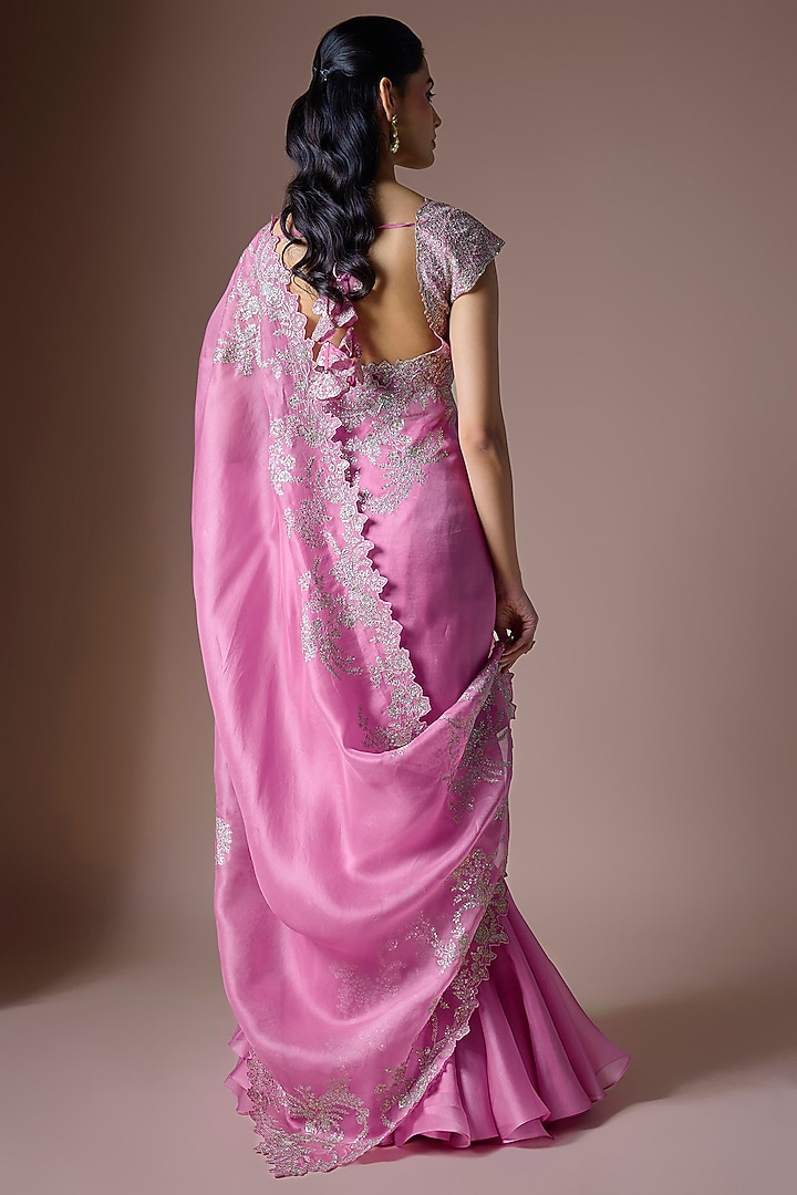 Lotus Pink Organza Embroidered Ruffled Draped Reception Saree Set by Anushree Reddy at Pernia's Pop Up Shop