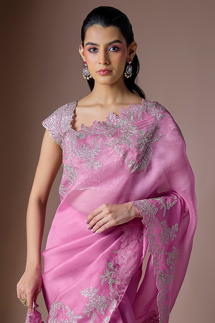 Lotus Pink Organza Embroidered Ruffled Draped Reception Saree Set by Anushree Reddy at Pernia's Pop Up Shop