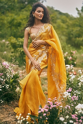 Mustard Yellow Organza Ruffled Saree Set by Anushree Reddy