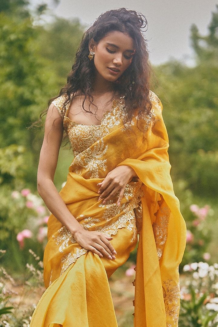 Mustard Yellow Organza Ruffled Reception Saree Set by Anushree Reddy at Pernia's Pop Up Shop