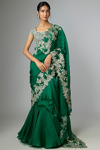 Emerald Green Organza Embroidered Ruffled Saree Set by Anushree Reddy