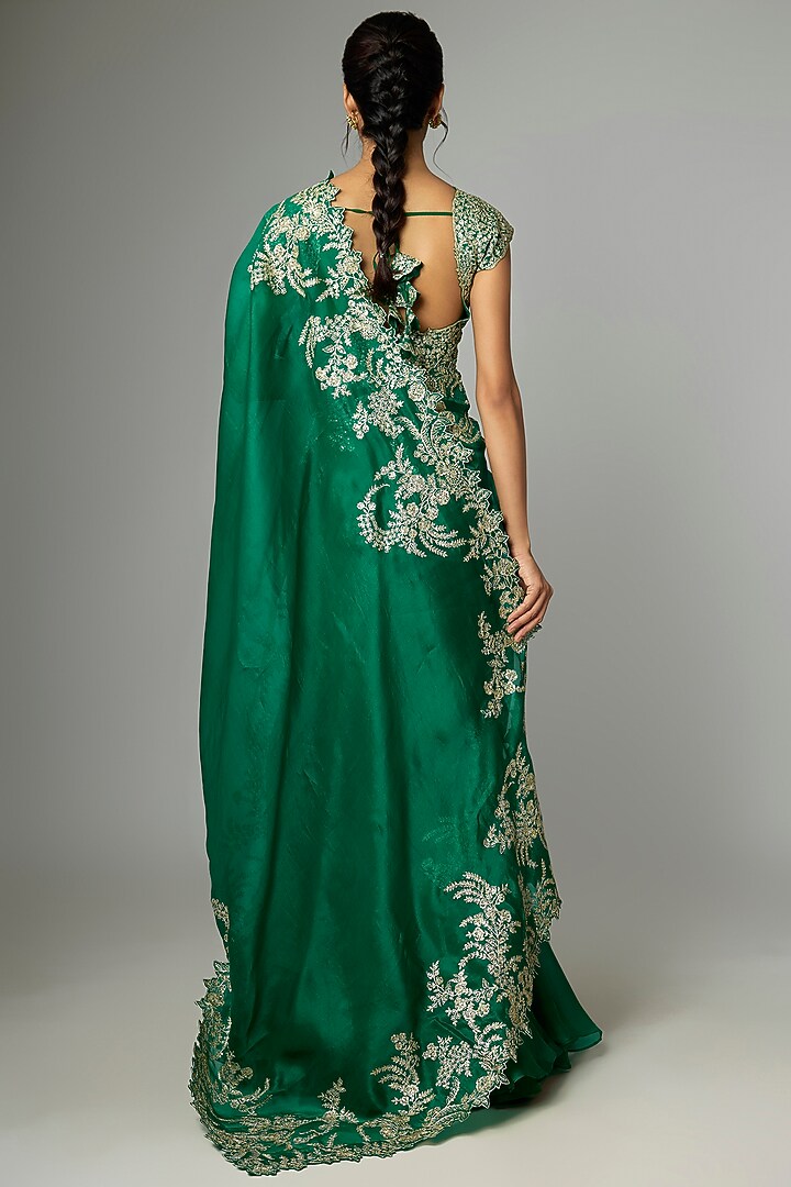 Emerald Green Organza Embroidered Ruffled Reception Saree Set by Anushree Reddy at Pernia's Pop Up Shop