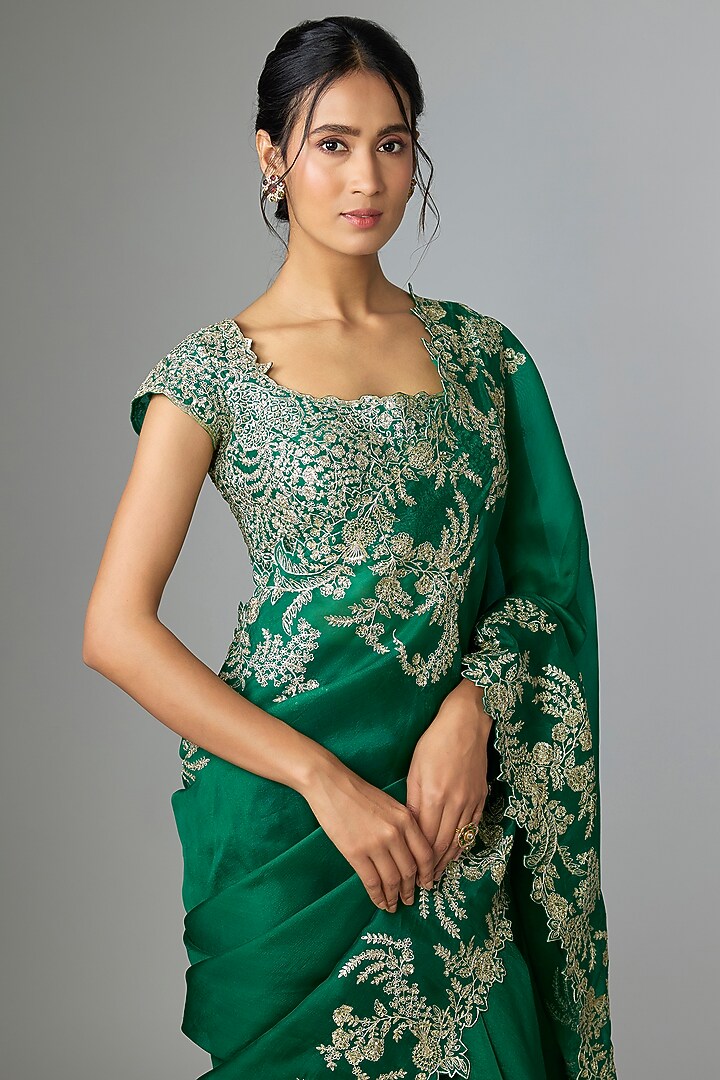 Emerald Green Organza Embroidered Ruffled Reception Saree Set by Anushree Reddy at Pernia's Pop Up Shop
