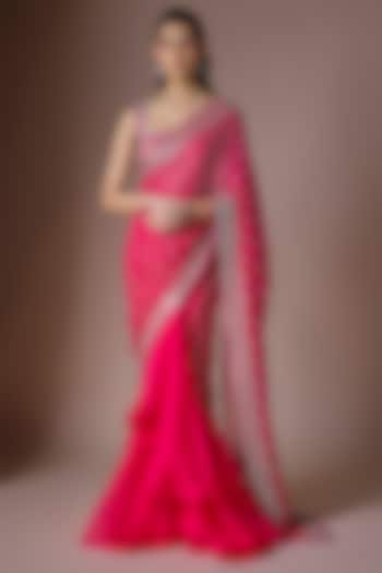 Cherry Red Chiffon Draped Reception Saree Set by Anushree Reddy at Pernia's Pop Up Shop
