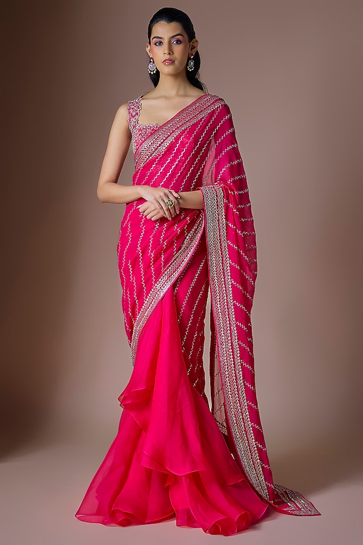Cherry Red Chiffon Draped Reception Saree Set by Anushree Reddy at Pernia's Pop Up Shop