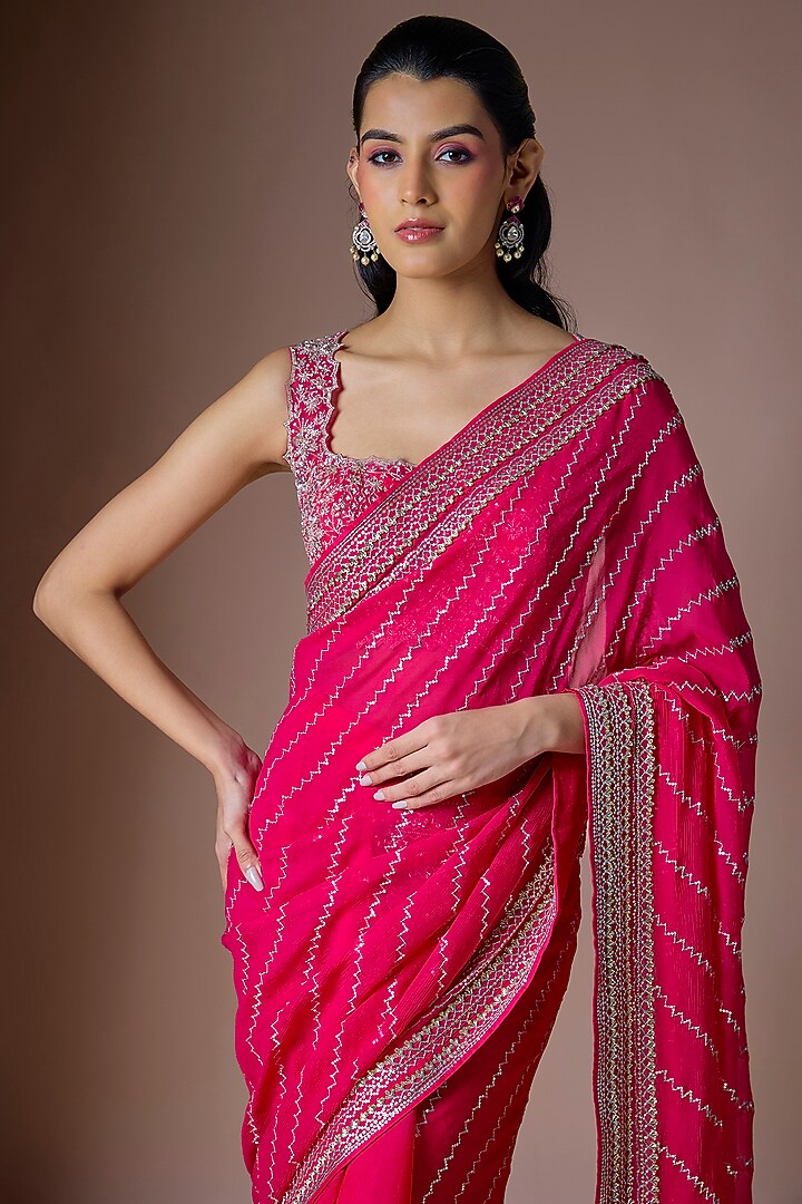Cherry Red Chiffon Draped Reception Saree Set by Anushree Reddy at Pernia's Pop Up Shop