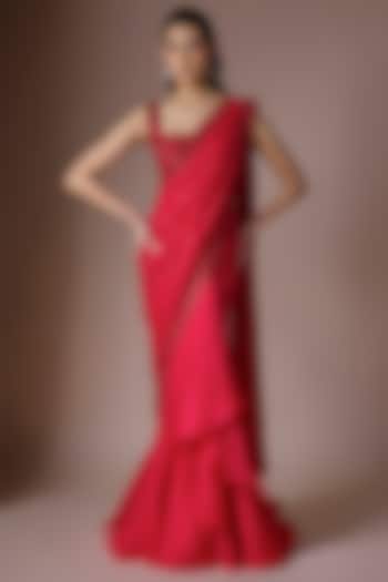 Red Chiffon Sequins Hand Embroidered Draped Ruffled Reception Saree Set by Anushree Reddy at Pernia's Pop Up Shop