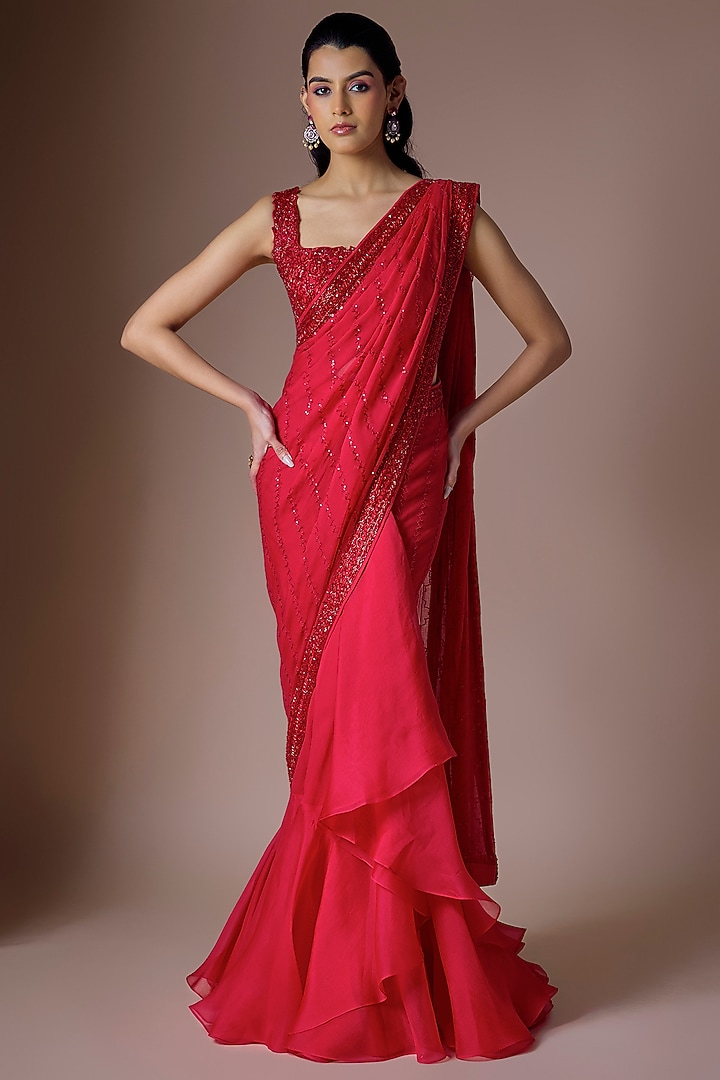 Red Chiffon Sequins Hand Embroidered Draped Ruffled Reception Saree Set by Anushree Reddy at Pernia's Pop Up Shop