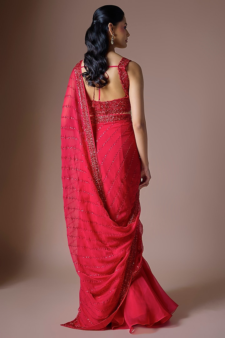 Red Chiffon Sequins Hand Embroidered Draped Ruffled Reception Saree Set by Anushree Reddy at Pernia's Pop Up Shop