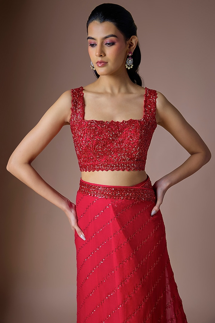 Red Chiffon Sequins Hand Embroidered Draped Ruffled Reception Saree Set by Anushree Reddy at Pernia's Pop Up Shop