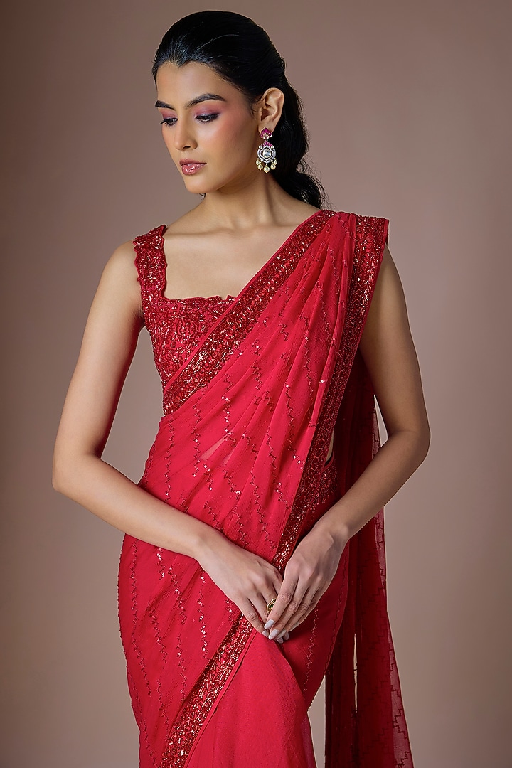 Red Chiffon Sequins Hand Embroidered Draped Ruffled Reception Saree Set by Anushree Reddy at Pernia's Pop Up Shop