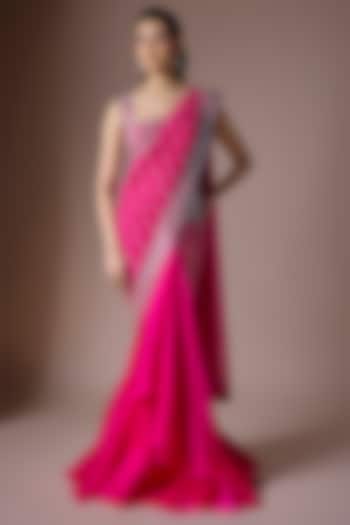 Hot Pink Chiffon Draped Reception Saree Set by Anushree Reddy at Pernia's Pop Up Shop