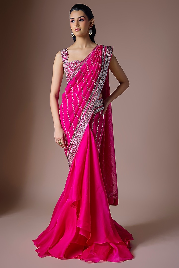 Hot Pink Chiffon Draped Reception Saree Set by Anushree Reddy at Pernia's Pop Up Shop