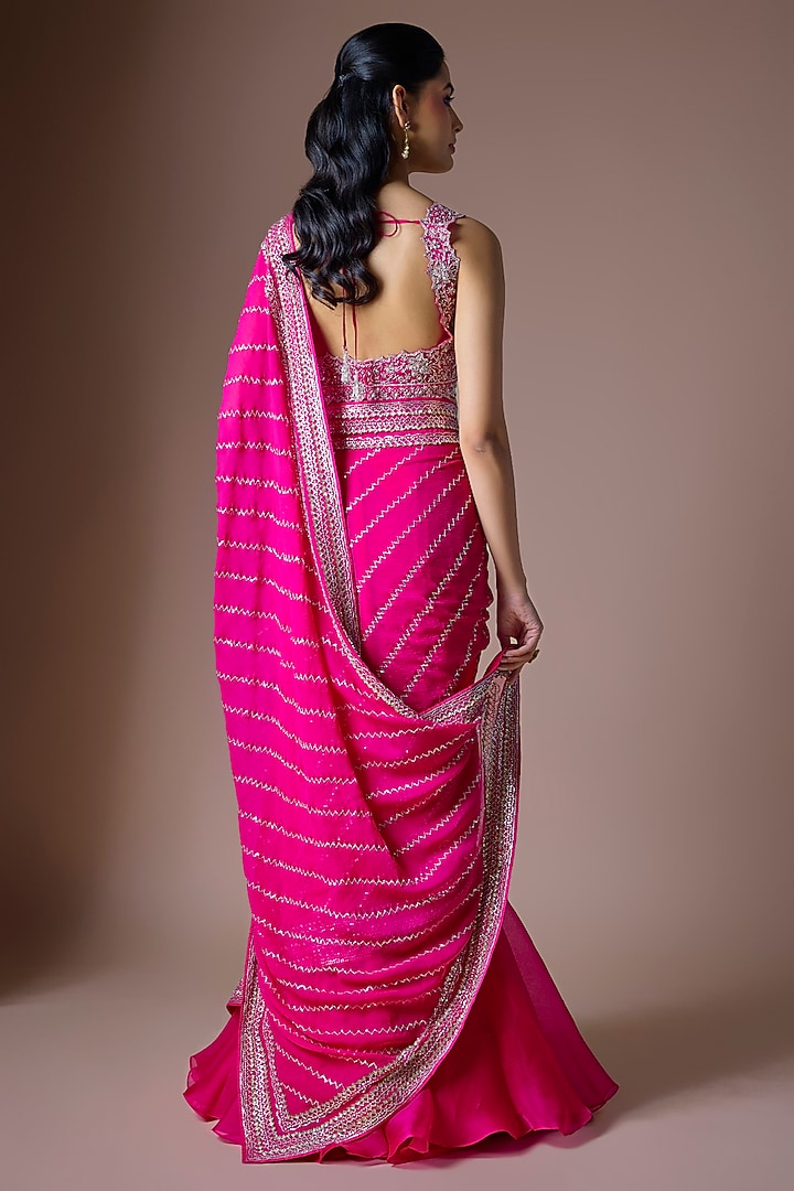 Hot Pink Chiffon Draped Reception Saree Set by Anushree Reddy at Pernia's Pop Up Shop