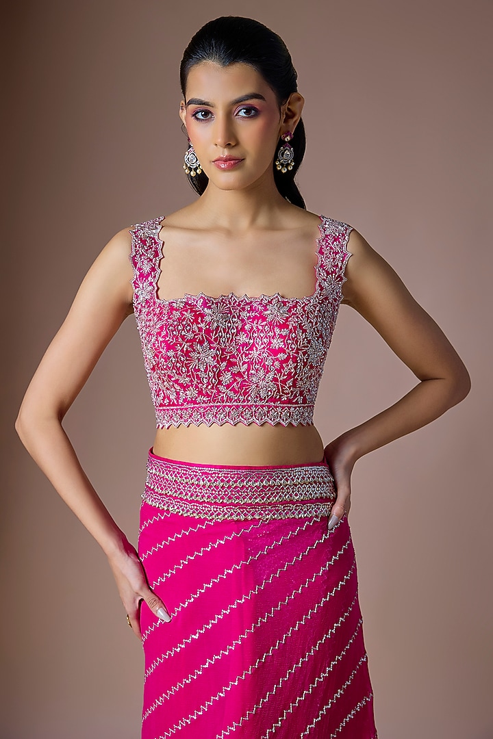 Hot Pink Chiffon Draped Reception Saree Set by Anushree Reddy at Pernia's Pop Up Shop