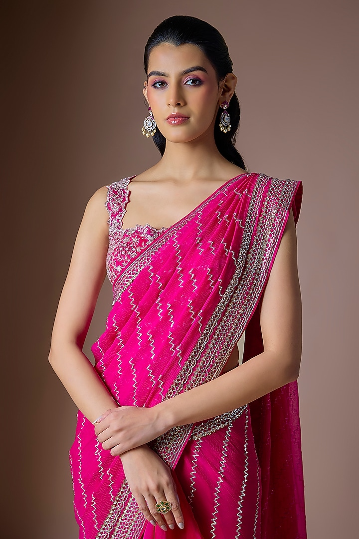 Hot Pink Chiffon Draped Reception Saree Set by Anushree Reddy at Pernia's Pop Up Shop