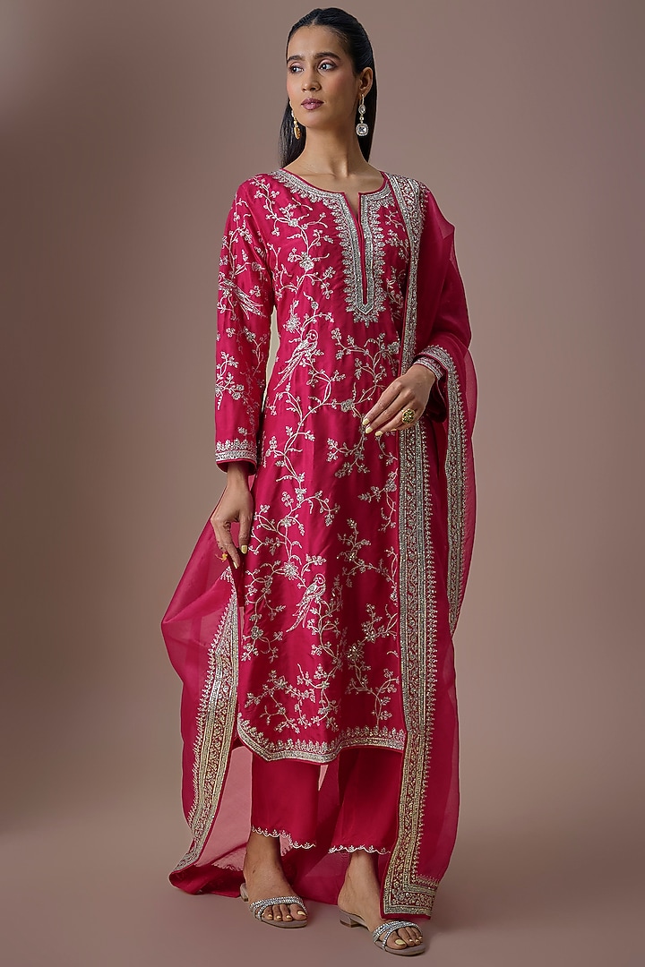 Cherry Red Dupion Silk Kurta Set by Anushree Reddy at Pernia's Pop Up Shop