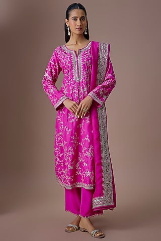 Hot Pink Dupion Silk Kurta Set by Anushree Reddy